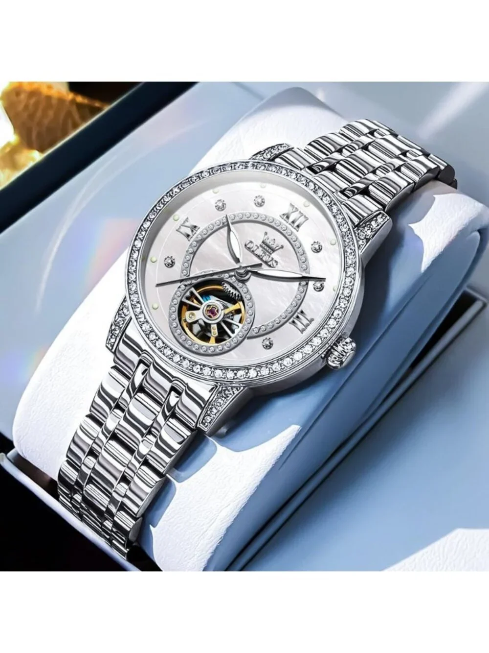 Women’s White Automatic Starry Sky Diamond Bezel Luxury Mechanical Wrist Watch